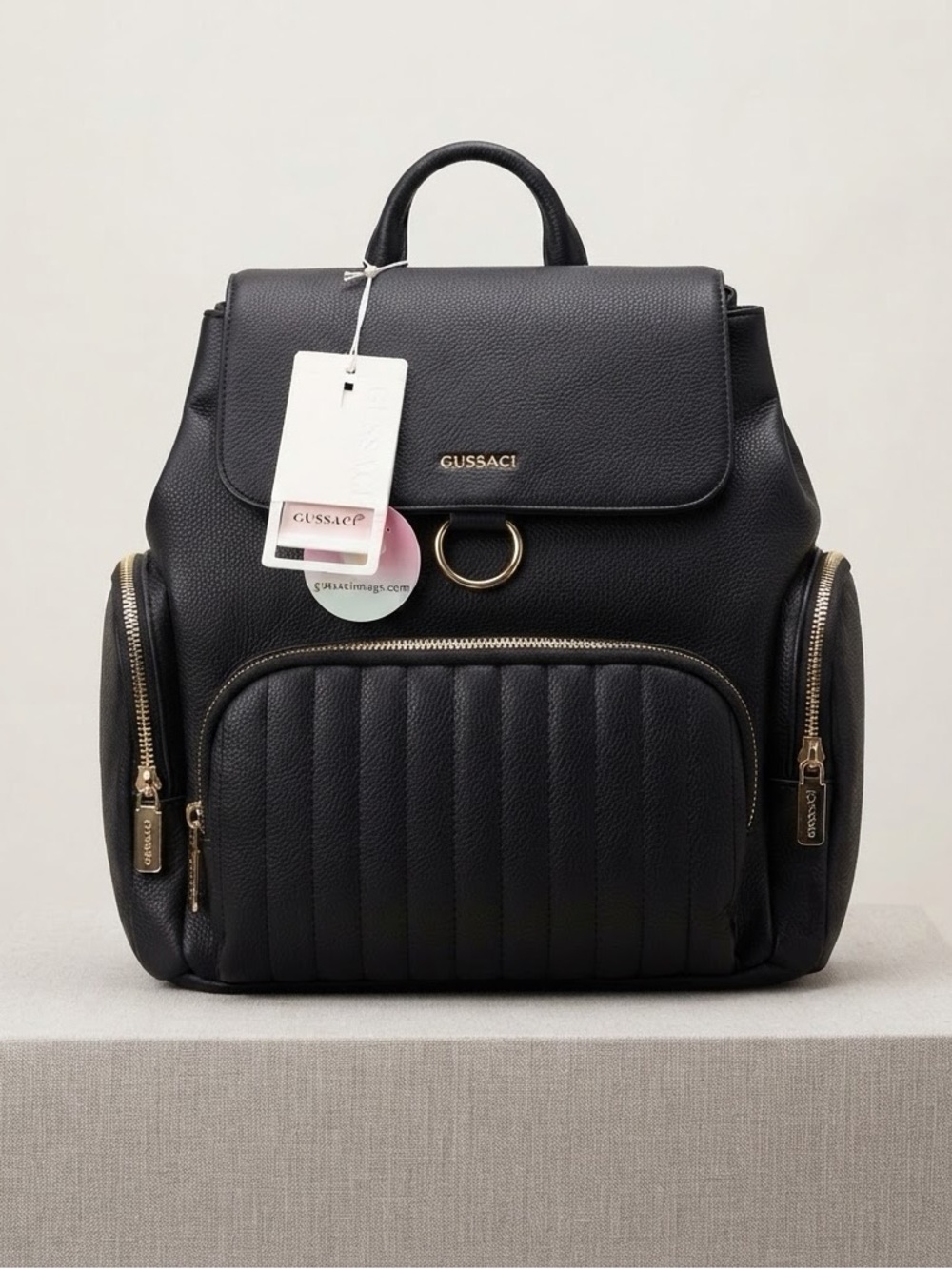 Brand New Gussaci Black Pebble Vegan Leather Multi-Pocket Backpack Purse